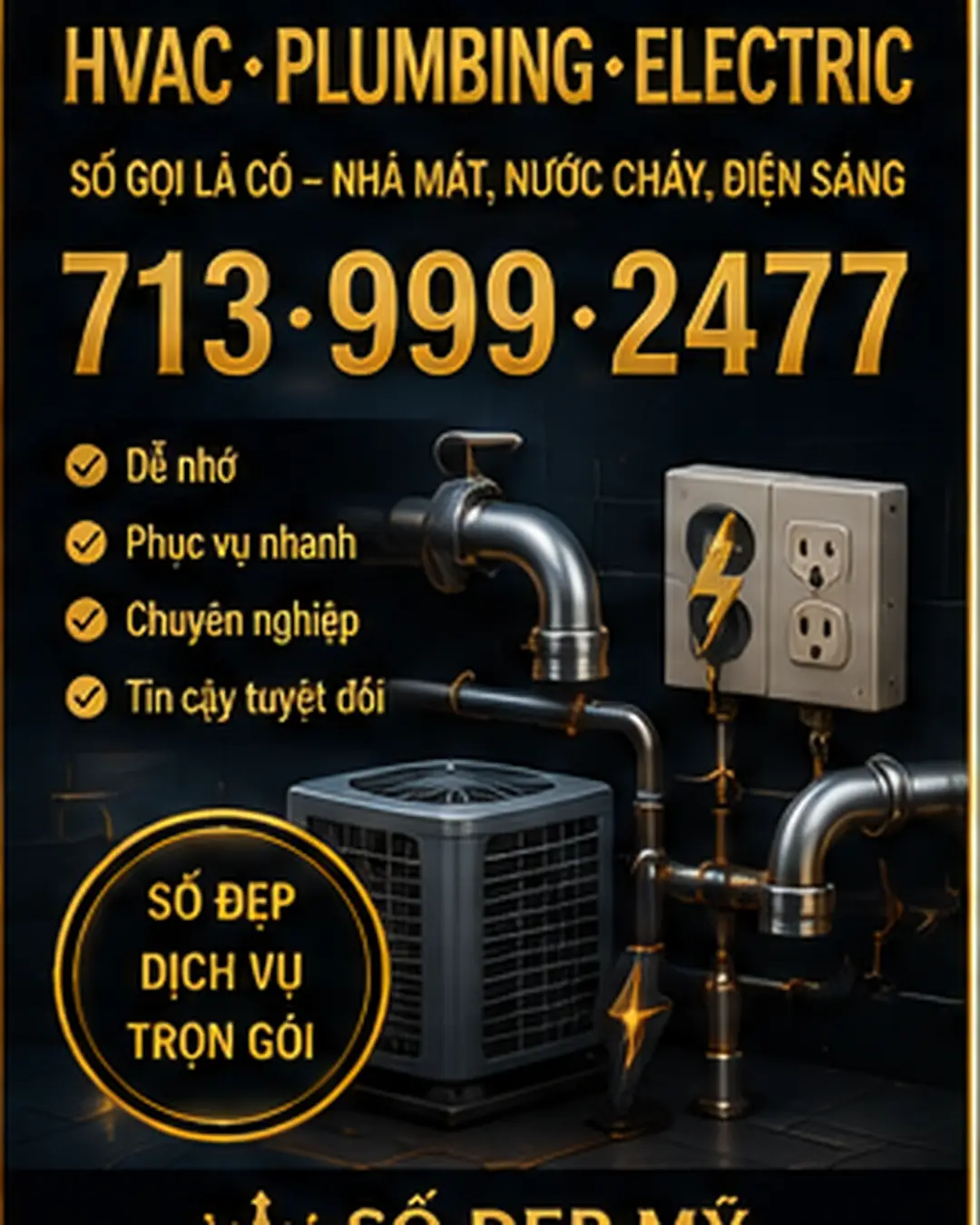 Số điện thoại dễ nhớ cho HVAC, điện và plumbing – business dịch vụ nhà ở tại Mỹ
